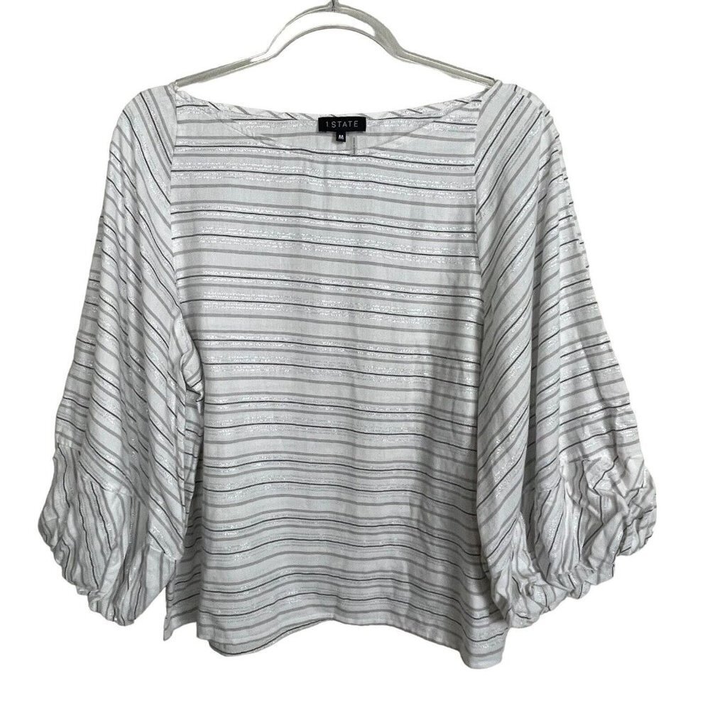 1. State Boat Neck Ivory Black‎ Silver Striped Balloon Sleeve Size M Top